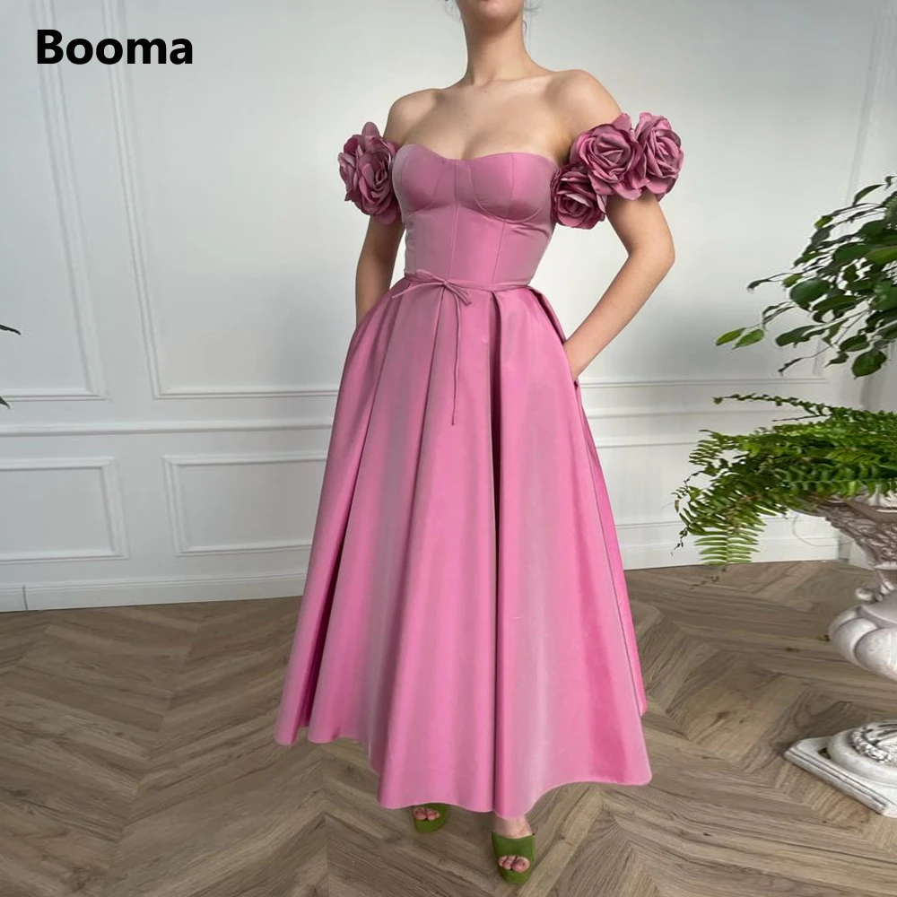 Booma Pink Taffeta Midi Prom Dresses Off the Shoulder Handmade Flowers Slit Tea-Length A-Line Evening Gowns Formal Party Dresses prom gowns