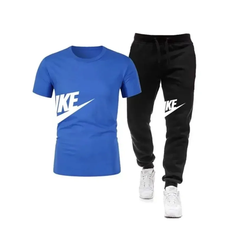 New Summer Men's Cotton Short-Sleeve T-Shirt with Comfortable Casual Sports Fitness Thin Long Pants Two-Piece Set