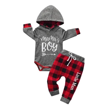 Baby Boy Clothes "Mama's Boy" Letter Printed Hoodie Sweatshirt Tops + Plaid Pants, 2PCS Fall Winter Outfits Set 1