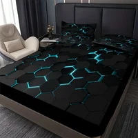 Blue 3D Hexagonal Honeycomb Geometry Print Fitted Sheet Set Column Mosaic Art Neon Mattress Covers Bedding Set With Deep Pocket 3