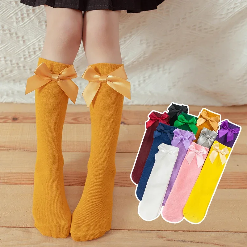 3-12 Years Summer Candy Color Bow Solid Color Tube Socks Children's Cotton Mosquito-proof Student Dancing Cute Socks