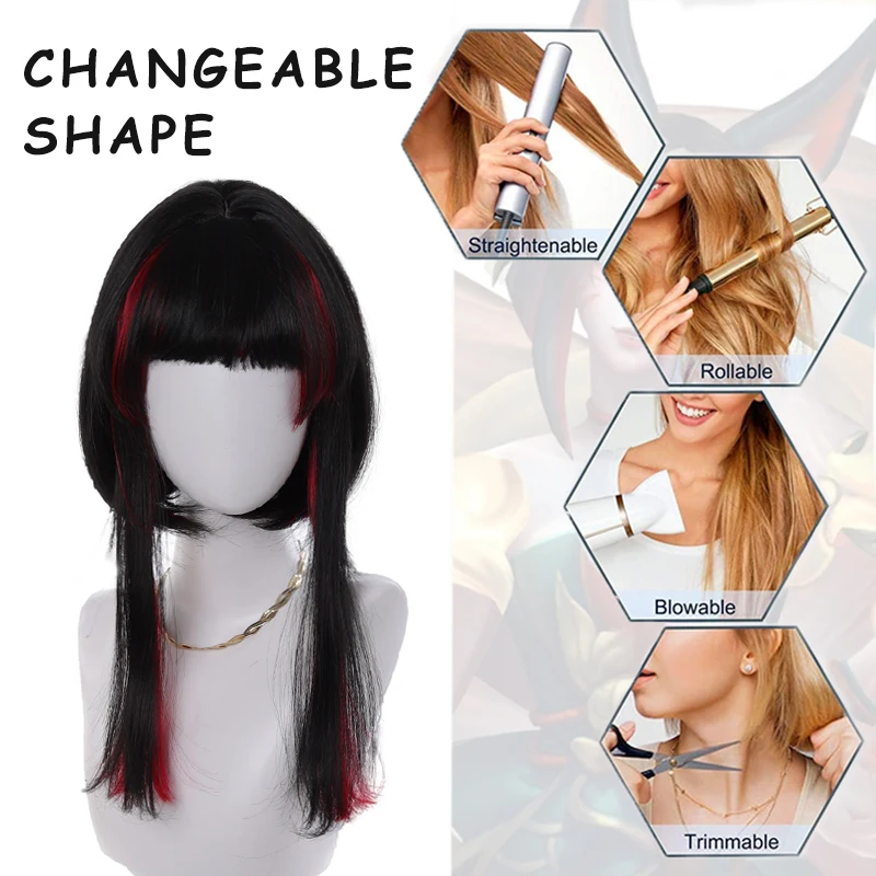 LUPU LOL Spirit Blossom Springs Ahri Cosplay Wig 25cm Black Red Wig Heat Resistant Synthetic Wig for Halloween Carnival Party