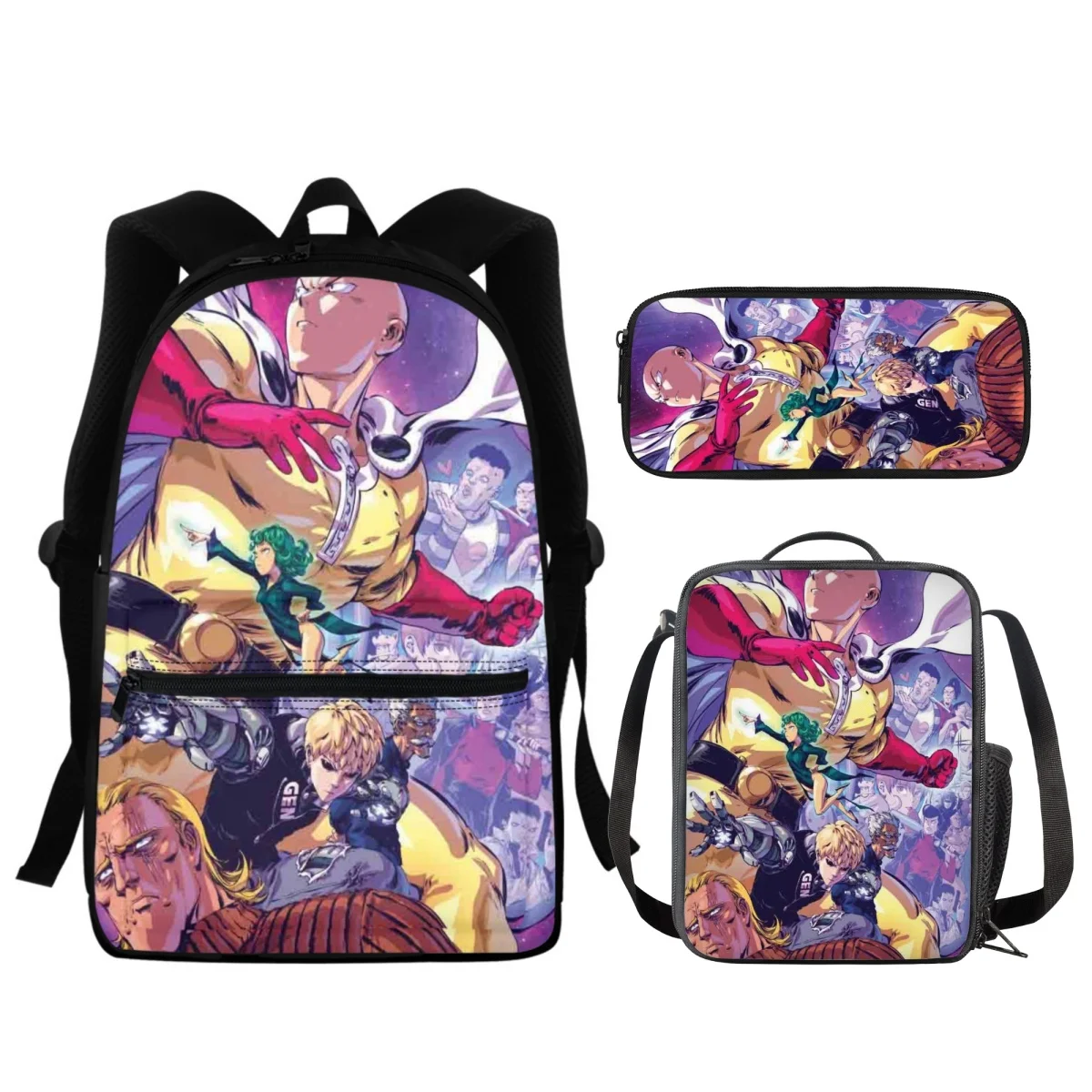 Forudesigns One Punch-Man Zaini 3 Pz/Set Lunch Bag Studenti Astuccio Diagonale Spalla Pratico Zaino Multiuso