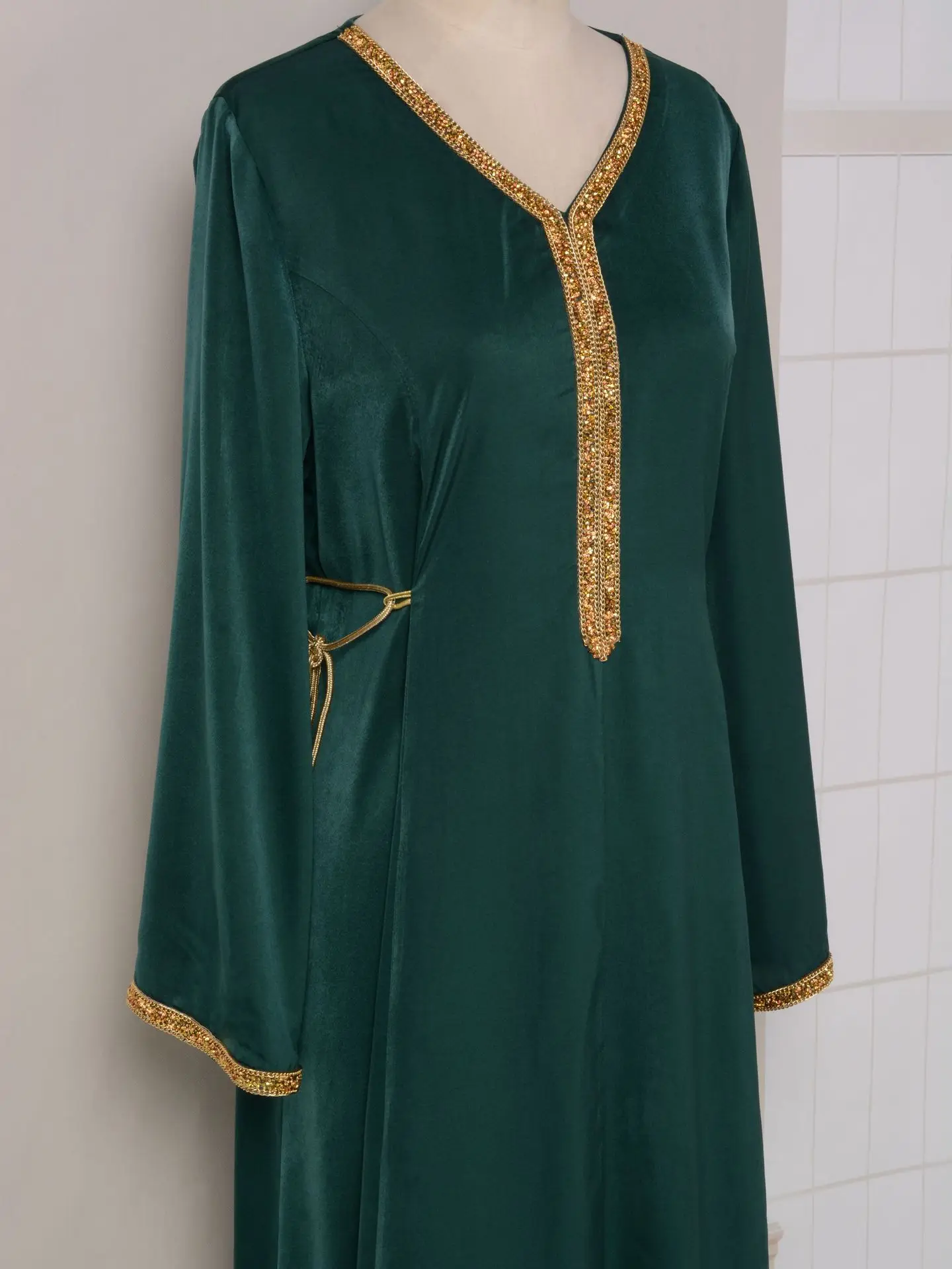 Moroccan Abaya Basic Chic Solid Long Dress Diamonds Full Sleeve V-Neck Sashes Muslim Casual Elegant Evening Dress Women Clothing