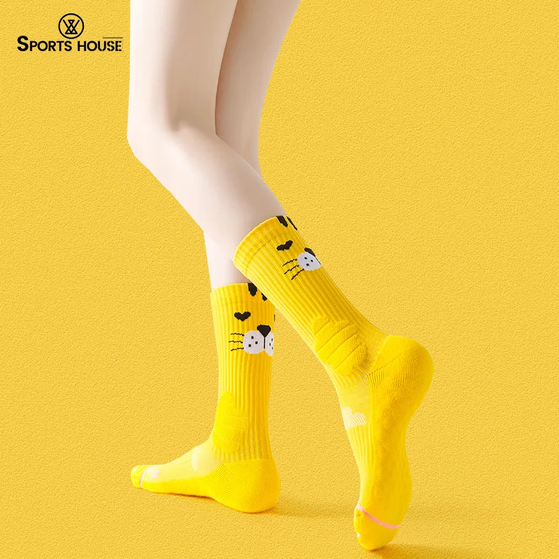 SPORT'S HOUSE Women's mid-tube sports socks Cartoon cartoon towel bottom non-slip outdoor mountain climbing riding tide socks