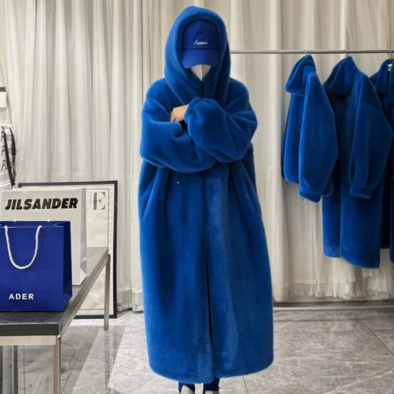 2023 Winter Long Over The Knee Thicken Warm Women Outcoat Fashion Hooded Faux Fur Coat Loose Casual Korean Style Fashion Outwear