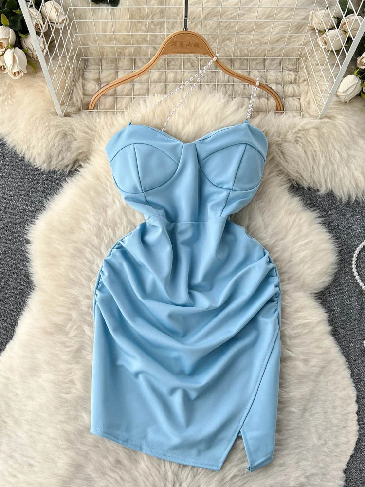 

Женское платье на бретельках, летнее синее/черное/желтое платье с жемчужинами, открытой спиной и высокой талией