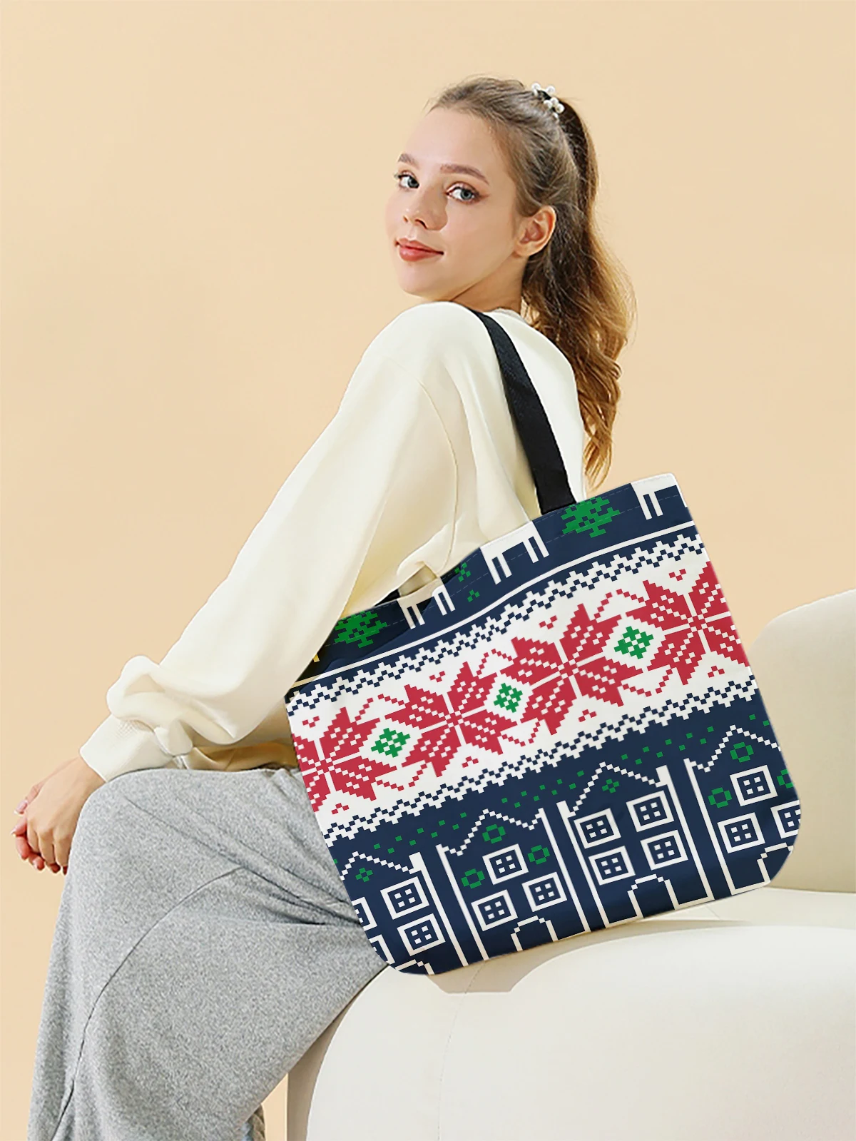 Christmas themed printed casual handbag, reusable fashionable backpack, multifunctional handbag, canvas shopping bag