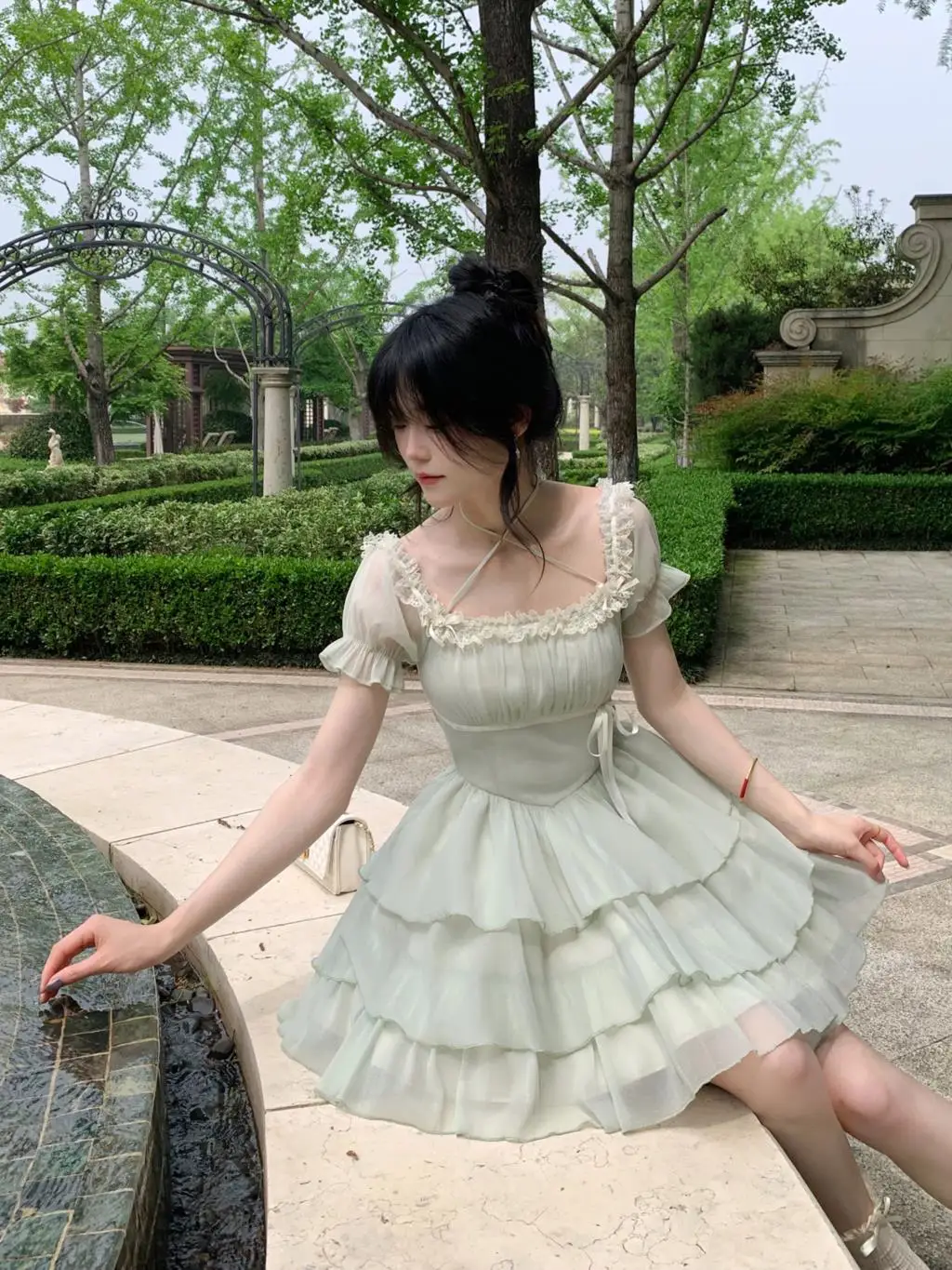 Y2K Princess Birthday Party Dress Lace Patchwork Short Dresses for Women Puff Sleeves Ruffles A-line Cake Vestido Mujer New