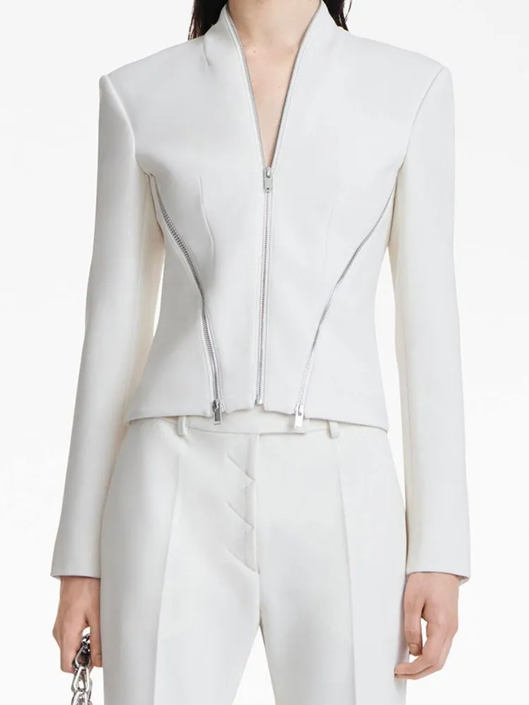 KBQ Spliced Zipper Chic Blazers For Women V Neck Long Sleeve Tunic Slimming Short High Street Blazer Female Fashion Clothing New