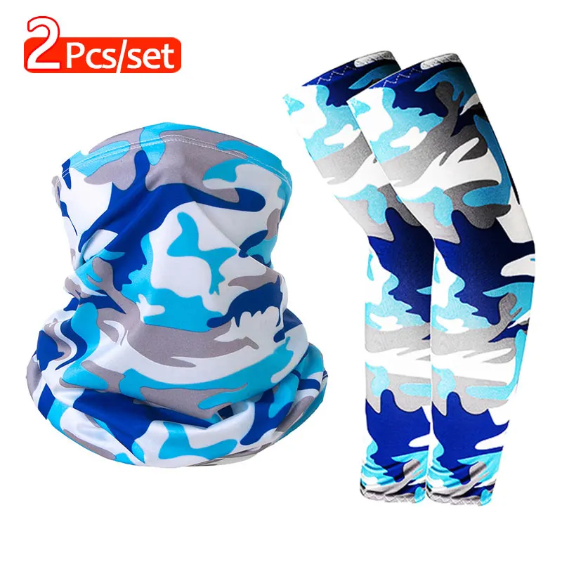 2Pcs/Set Camo Arm Sleeves Face Mask Set Unisex Sun Protection Cooling Breathable Protective Arm Sleeves for Running Cycling