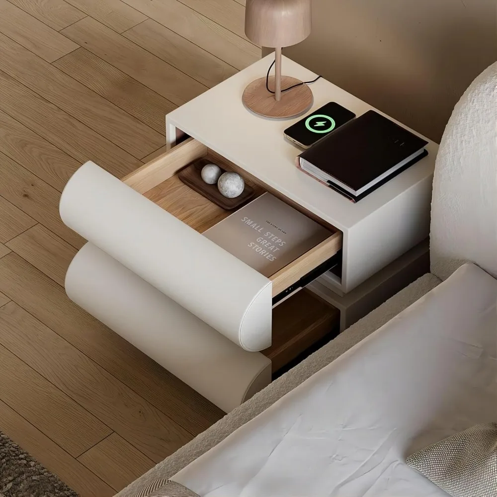 Smart Nightstand Modern White Leather Nightstands with Wireless Charger Bedside Table with 2 Drawers for Bedrooms 5