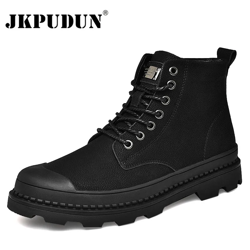 Men Leather Boots Black Warm Winter Genuine Leather Ankle Boots Men Winter Work Outdoor Fur Snow