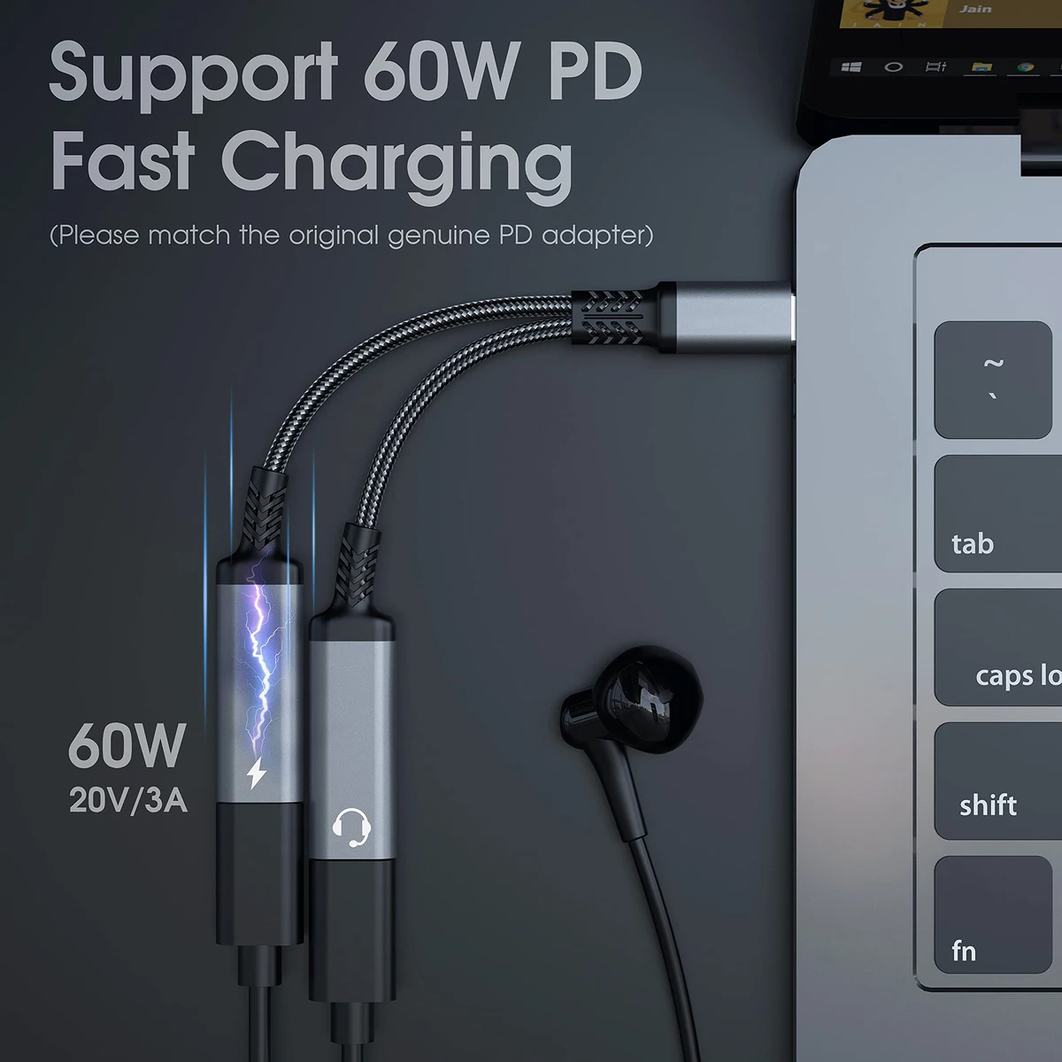 OTG 2 IN 1 USB C Splitter to Dual Type USB C Headphone Jack Audio Adapter PD 60W Fast Charger for Samsung Huawei iPhone15 Xiaomi — view 2