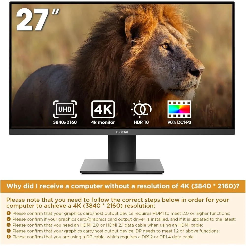 27 Inch 4K UHD(3840 * 2160) Monitor IPS Ultra-Thin Computer Monitor up to 70Hz with 90% DCI-P3 Displayport&HDMI VESA HDR10 2
