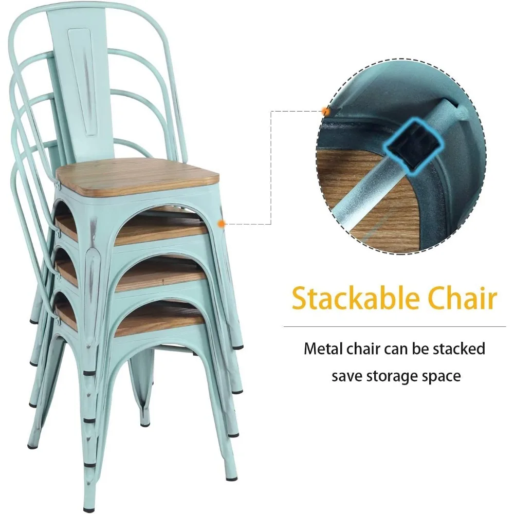 Metal Chairs with Wooden Seat Modern Industrial Distressed Indoor Outdoor Metal Kitchen Dining Room Chairs Set of 4