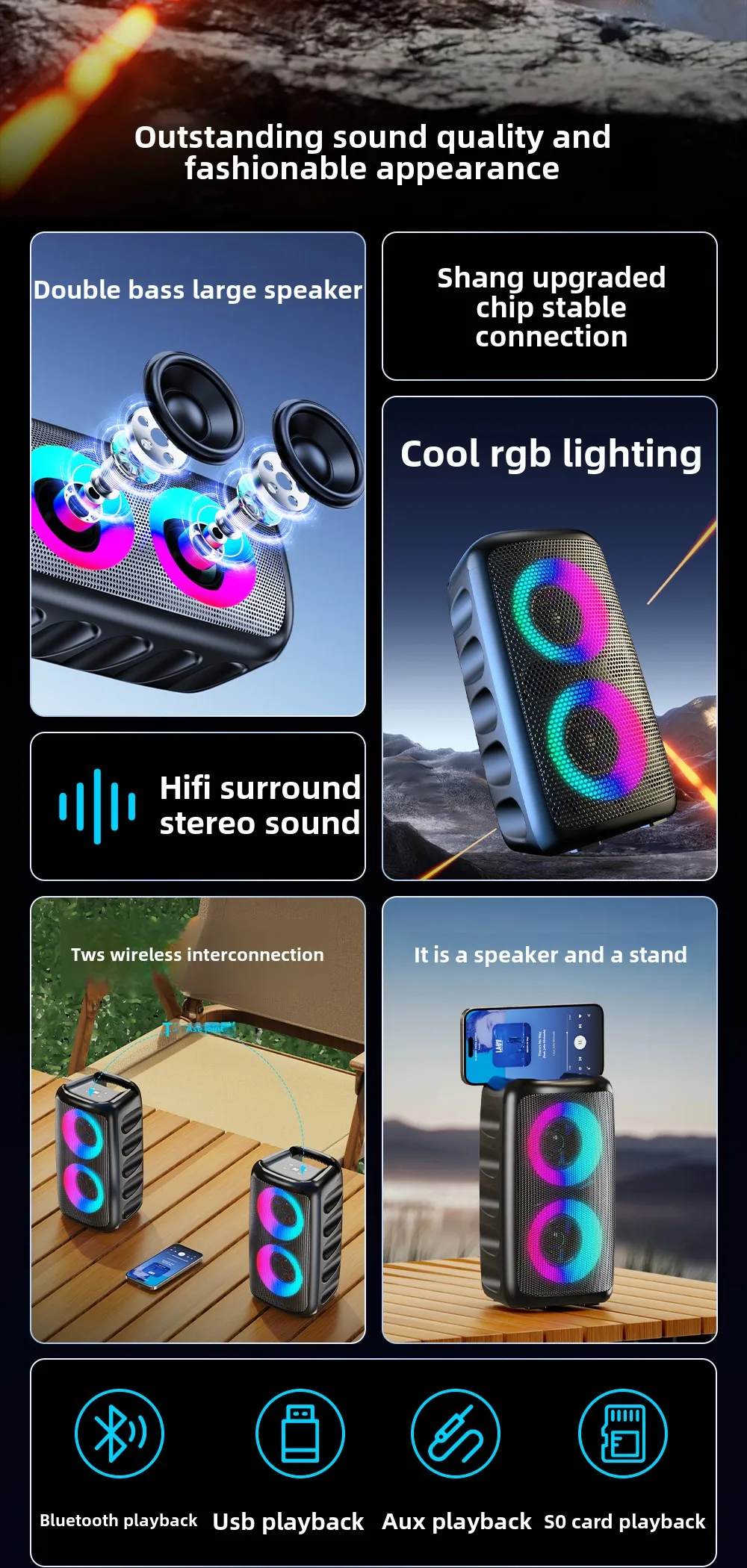 Description Picture 3 of itemWIFIT speaker, 2-channel multifunctional link, supports Bluetooth 5.3, TF card, USB mode/external microphone, long battery life