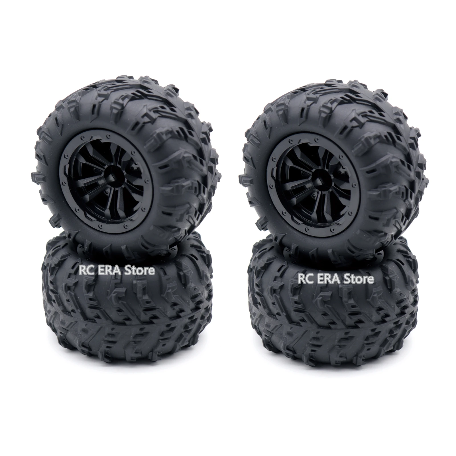 Les 4 roues RC de rechange disposées en ligne, parfaites pour remplacer les pneus usés de votre SCY PRO
