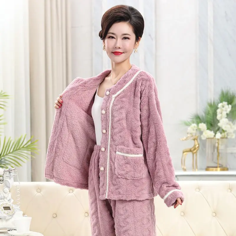 

Coral Velvet Pajamas For Women, Thickened Middle-aged Mothers, Set The Elderly, Autumn And Winter, Enlarged Size, Loose Warm Fla