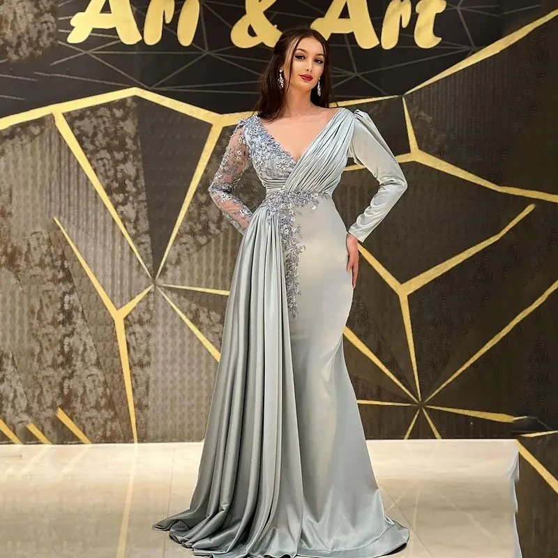 

VENUS Sexy Deep V Neck Prom Gown For Women Lace Appliques Formal Dress Beading A-Line Evening Dress Sweep Train Party Dress