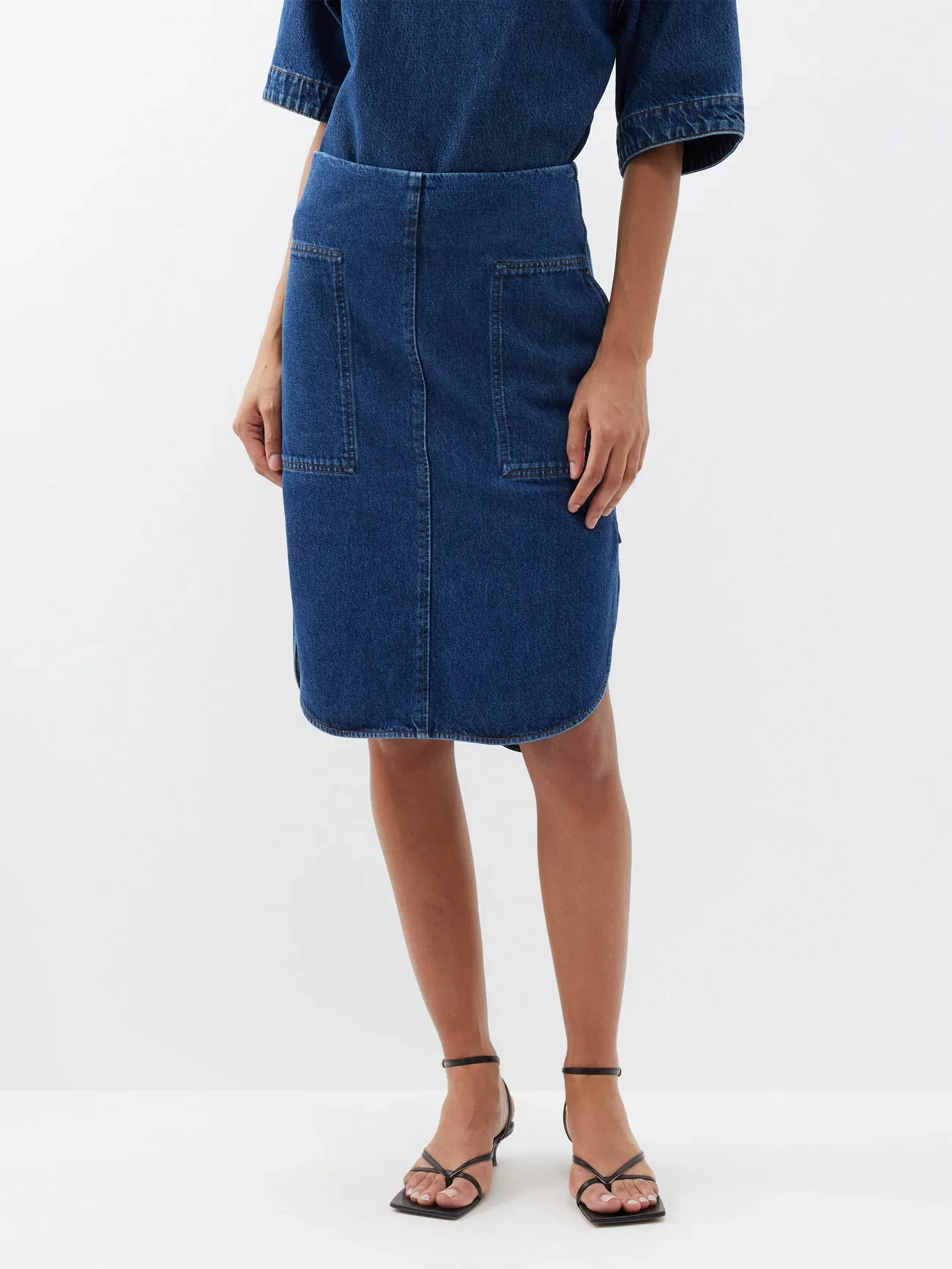 

T0tem* Summer/Spring Women Skirt Casual Cotton Denim Dark Blue Knee-Length High Waist Vintage Pocket Curved Hem Zipper-Up