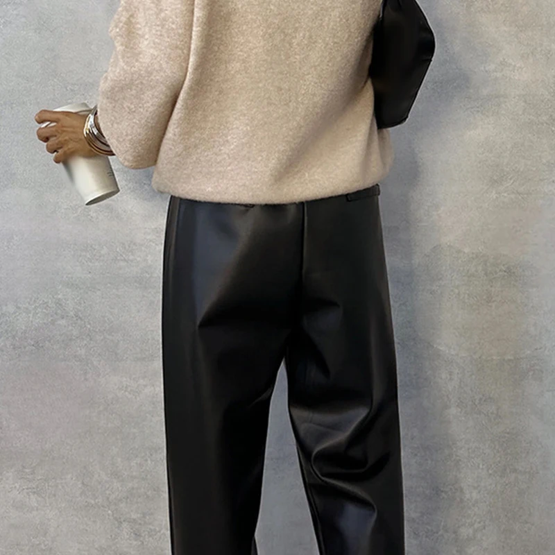 Leather Pants Streetwear Casual Solid PU Leather Pants for Women Spring Elastic Waist Pocket Trousers Autumn Straight Office Ladies Pants