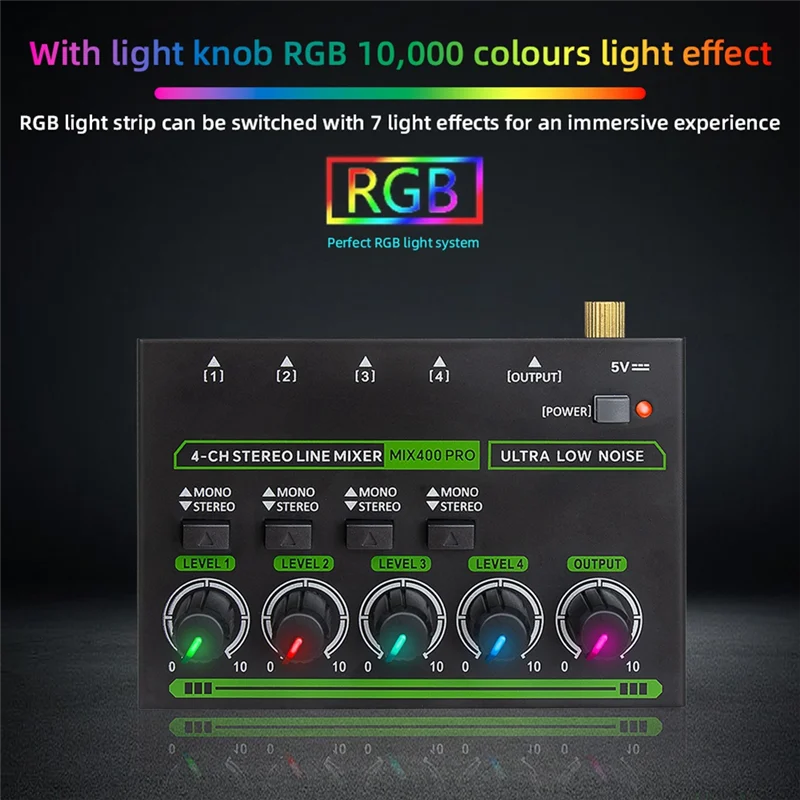 APPLIA-Mix400 Pro 4채널 전문가용 사운드 믹서 (RGB 조명 포함) 미니 오디오 믹서, 라인 믹서, 클럽/바용 소형 오디오 믹서