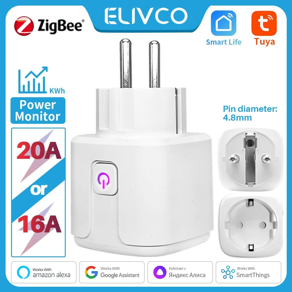 Prise intelligente Tuya Zigbee EU, 16A, 20A, prise intelligente avec moniteur d'alimentation, synchronisation, commande vocale nous-mêmes, avec Alexa, Google Home, Alice