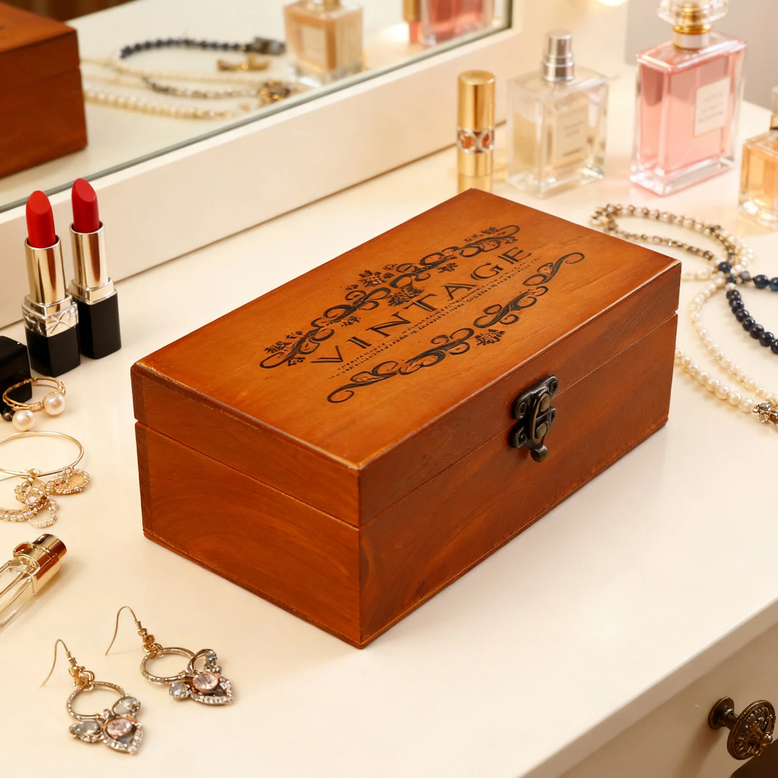 Retro-Aufbewahrungsbox aus Holz mit abschließbarem Holz, dekorativer Koffer für Zuhause oder Büro, Holzkiste mit Klappdeckel, Andenkenhalter mit Schloss – Detail 20