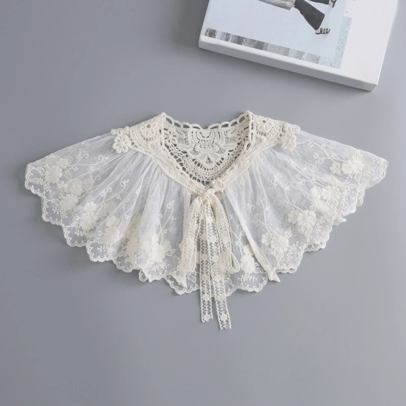 

Women Embroidery Floral Lace Shawl Detachable False Collar Chiffon Pleated Large Scarf Lace-Up Bowknot Elegant Capelet