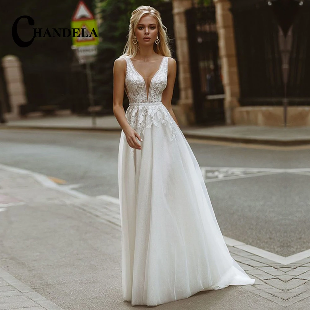 

CHANDELA Classic Tank Tulle Deep V-Neck Backless Appliques Pleat A-Line Wedding Gown For Bride Customised Vestido De Casamento