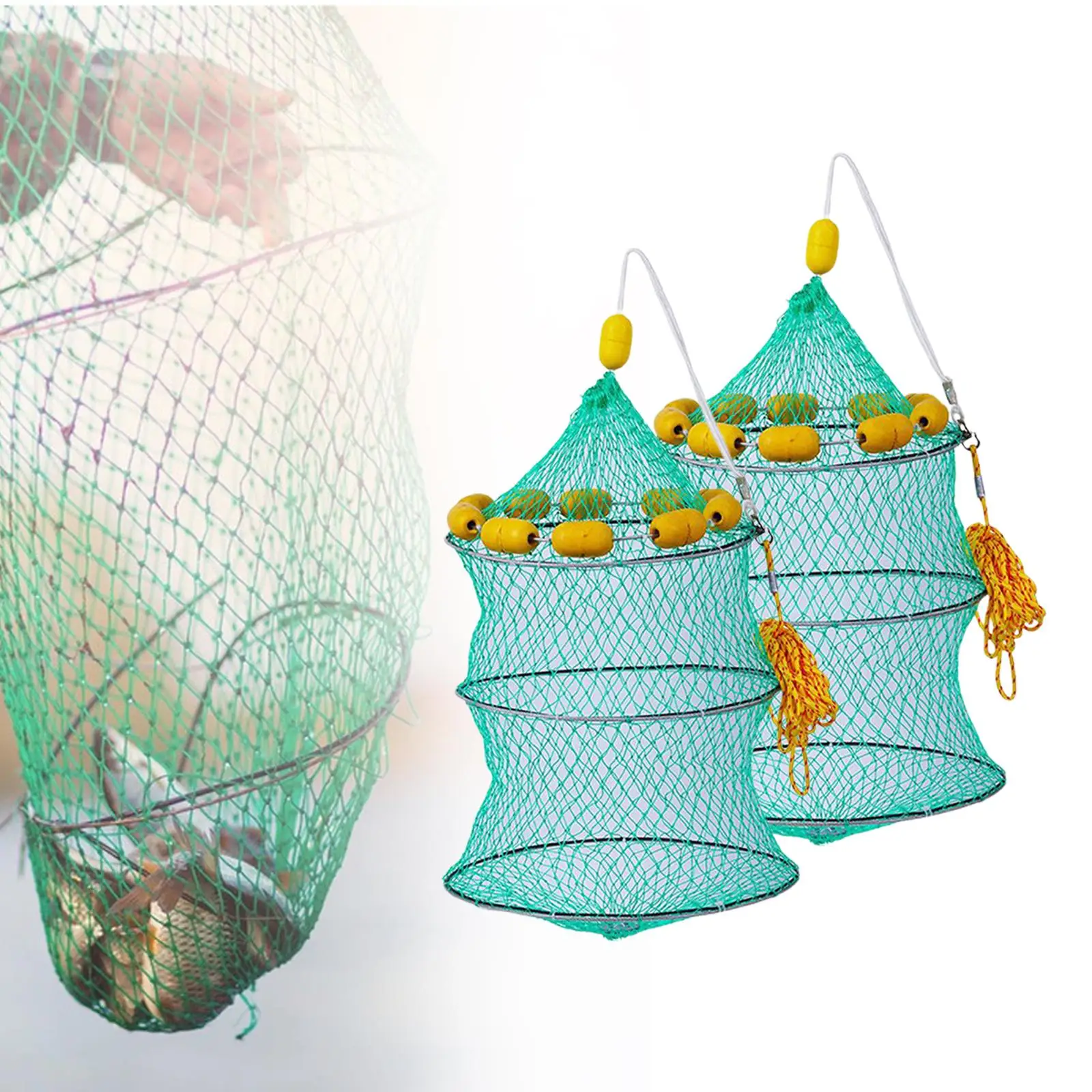 Fishing Net Collapsible 3 Layers with Solid Steel Frame Mesh Portable Fish Bucket Landing Net Lobster Nets Fishing Accessories