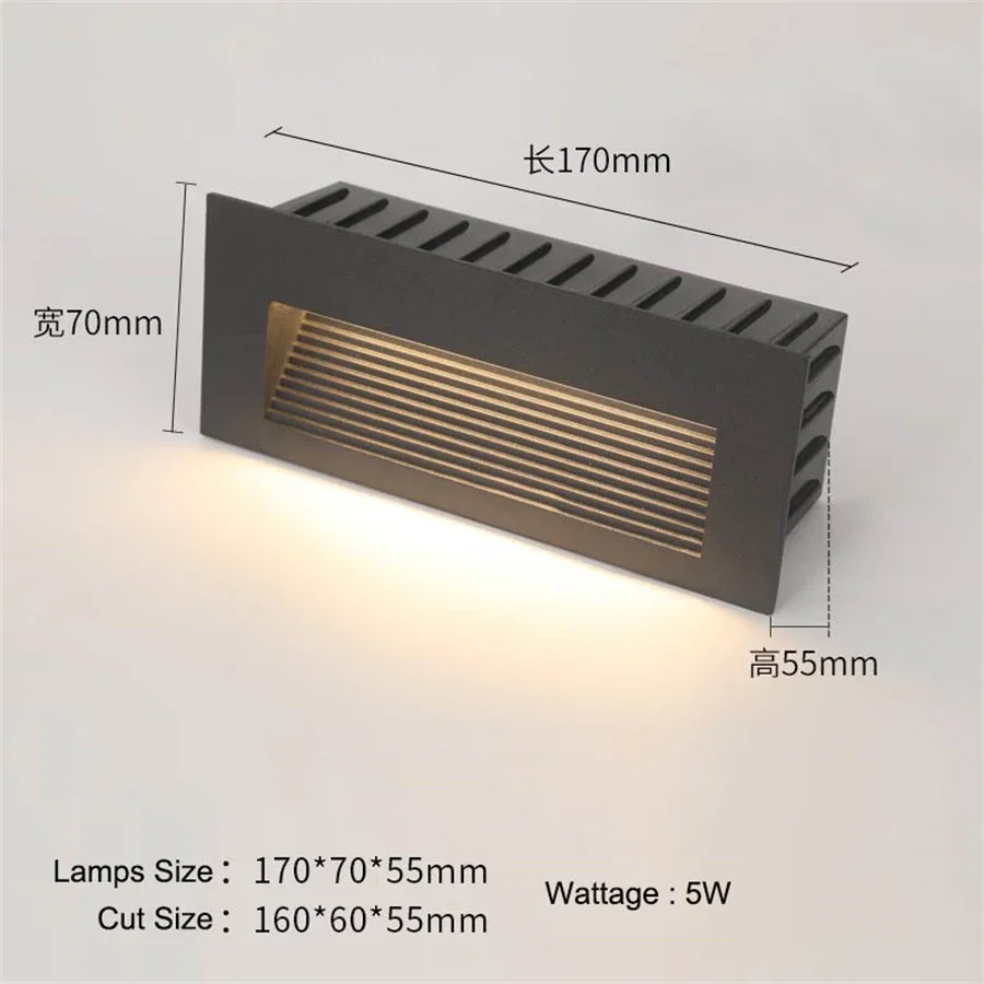 Luz de paso LED impermeable de 3 W, 5 W y 10 W IP65, lámpara de esquina de escalera empotrada de aluminio para exteriores, lámpara de escalera de pared empotrada, luz de pie