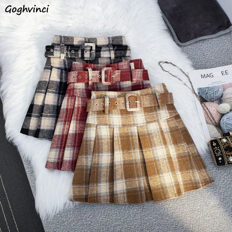 

Pleated Skirts Women High-waist Plaid Thickened Woolen Retro College Style A-line All-match Trendy Belt Chic Autumn Winter Ins