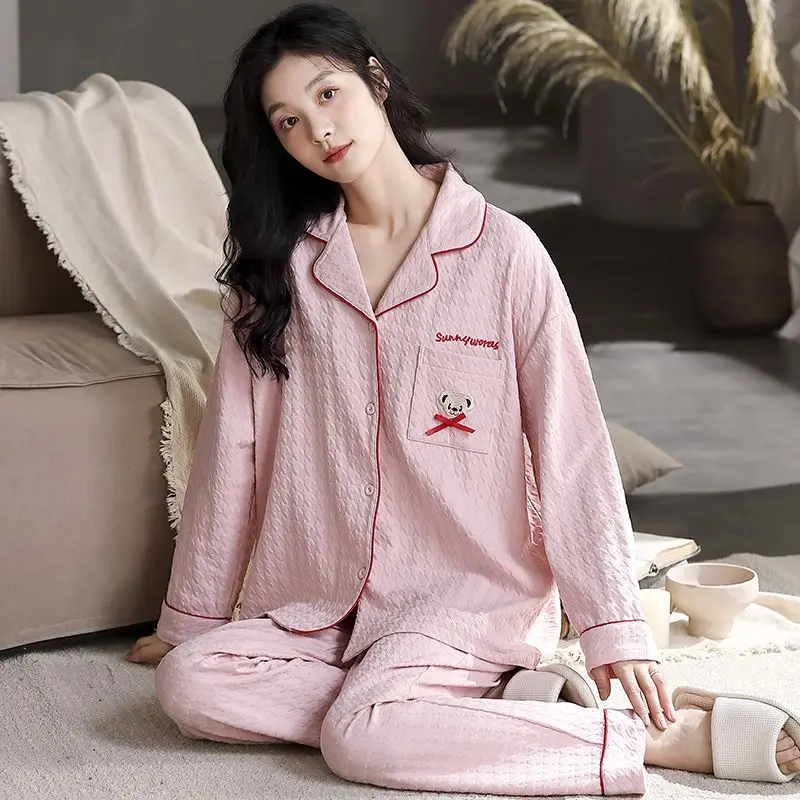 Spring Autumn Women Pure Cotton Pajamas Female Large Size Sweet Cardigan Long Sleeve Pants Homewear Suit Casual Simple Sleepwear