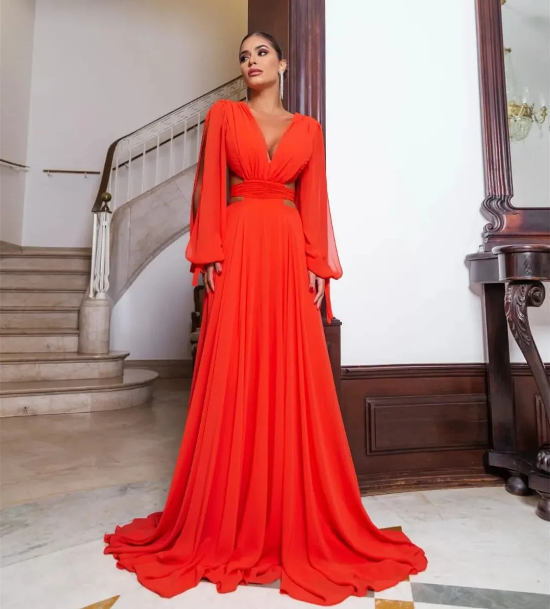 

Sexy Long Red V-Neck Pleated Evening Dresses فساتين السهرة A-Line Chiffon Small Train Party Dress for Women