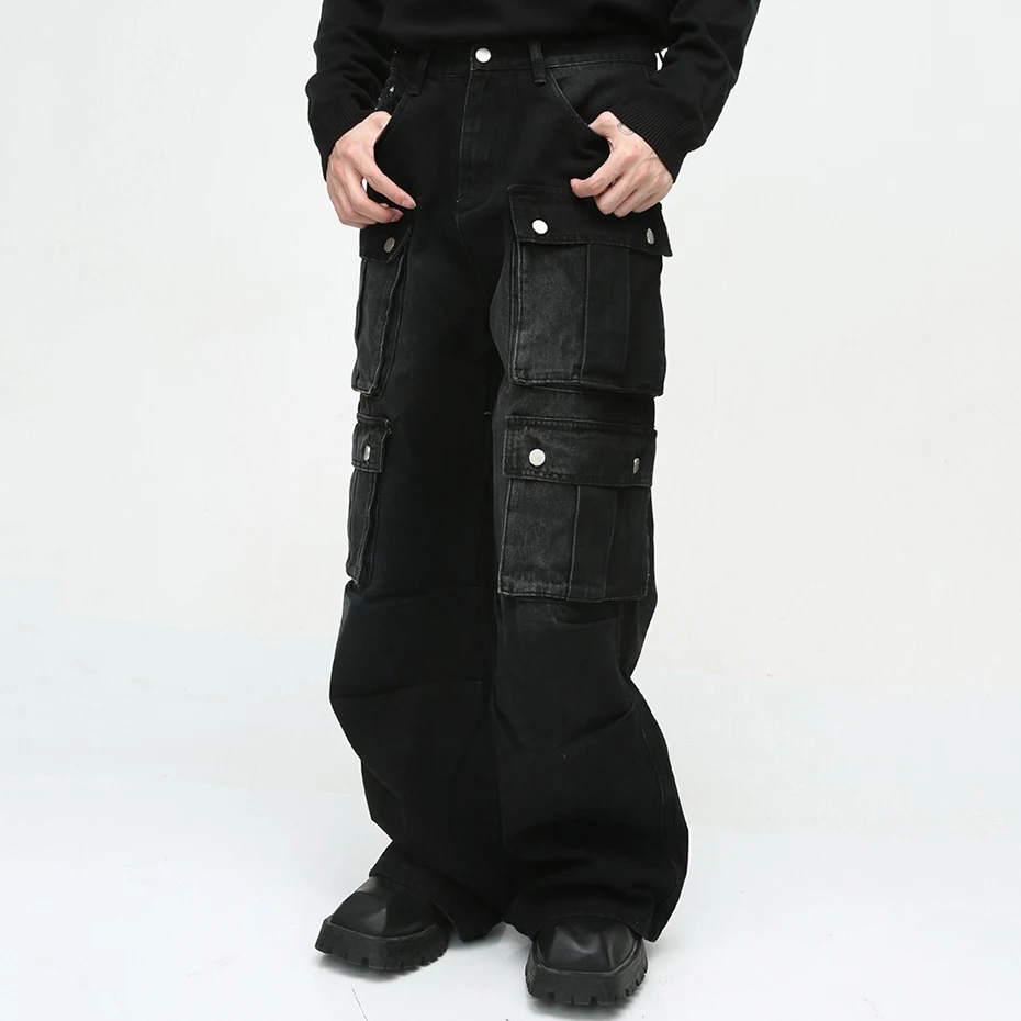 Men Vintage Baggy Jeans Multi Pocket Cargo Denim Pants Black Loose Wide Leg Jeans Trouser 4