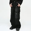Men Vintage Baggy Jeans Multi Pocket Cargo Denim Pants Black Loose Wide Leg Jeans Trouser 4