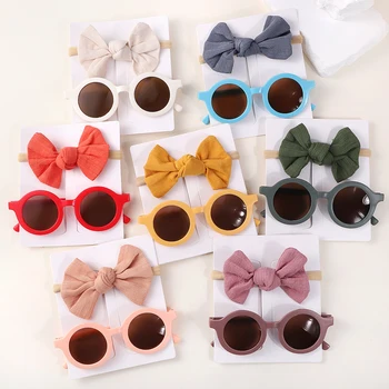 2 pz/pacco Vintage Kids Summer Bows fascia per capelli occhiali da sole rotondi occhiali da sole per bambini occhiali di protezione accessori per capelli per bambini 1