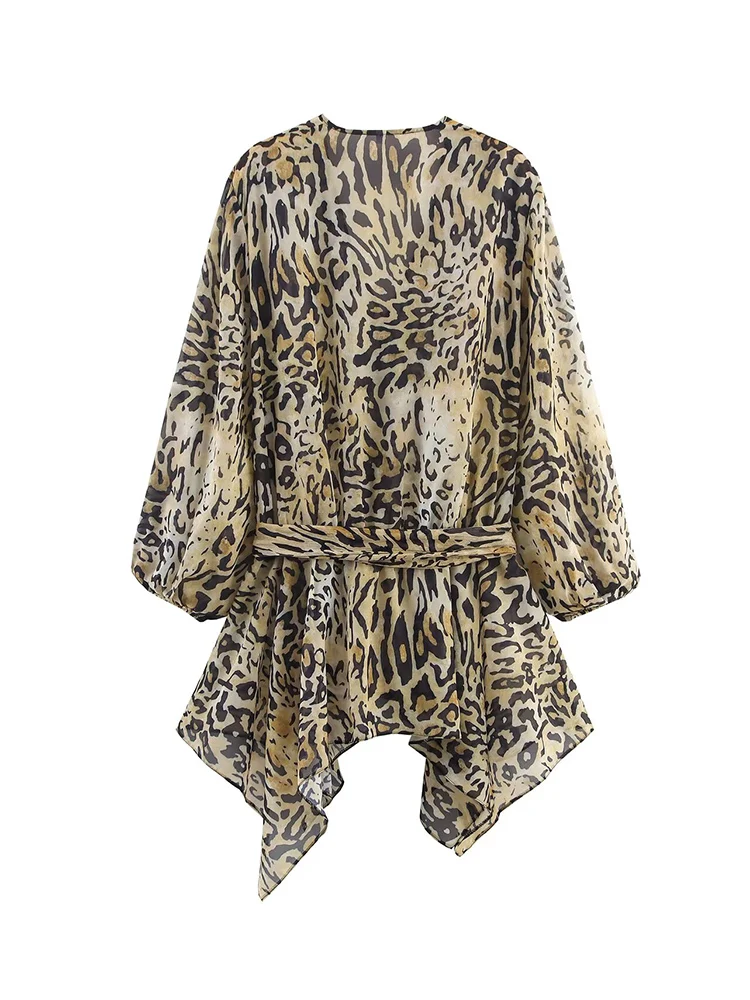 Women Asymmetrical Slim Fit Blouse With Belt Vintage Elegant Long Sleeve V-neck Chic Sexy Thin Top Autumn Printed Women Clothing