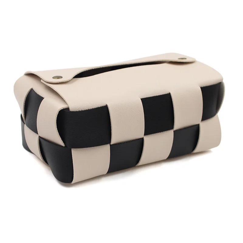 Checkerboard Woven Tissue Box Waterproof PU Leather Tissue Storage Box Square Car Tissue Organizer Desktop Home Decoration 5