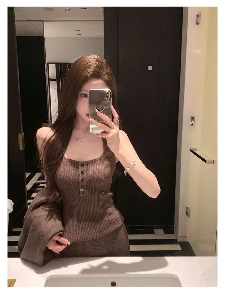 Conjunto de 3 piezas de punto para mujer, chaleco con cuello halter, cárdigan largo, pantalones largos, ropa informal lisa de moda coreana, otoño e invierno, nuevo