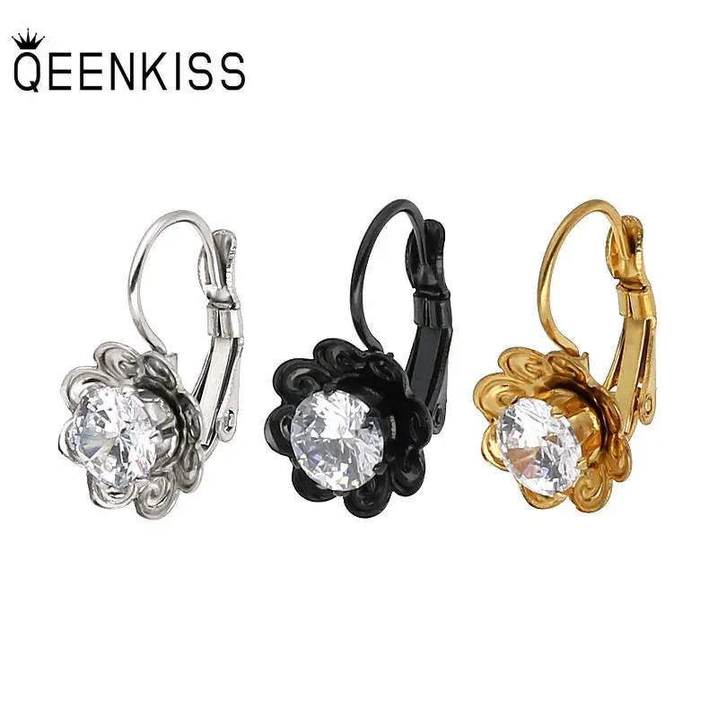 

QEENKISS EG8250 Fine Jewelry Wholesale Fashion Woman Girl Birthday Wedding Gift Flower Zircon Titanium Stainless Hoop Earings1PC