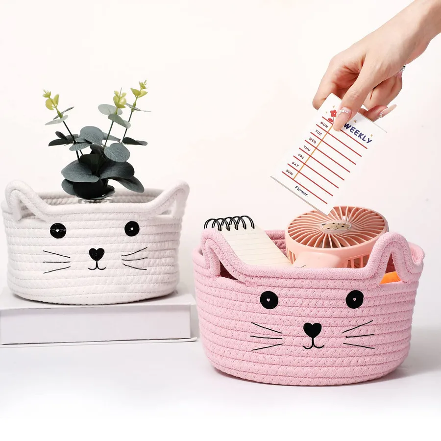 Cat Cotton Rope Woven Desktop Storage Basket Egg Bunny Baskets For Kids With Cute Ears Decorative Toys Sundires Cosmetics Holder
