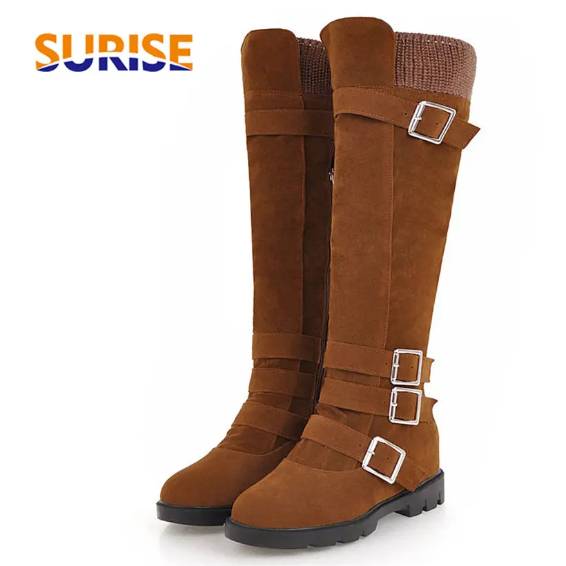 

Winter Warm Plush Women Knee High Boots Red Brown Flock Low Square Heel Casual Party Lady Punk Buckle Zipper Platform Long Boots