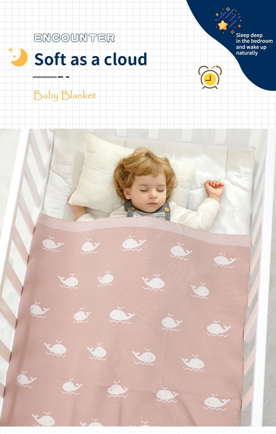 COUVERTURE chaude BEBE baleine rose