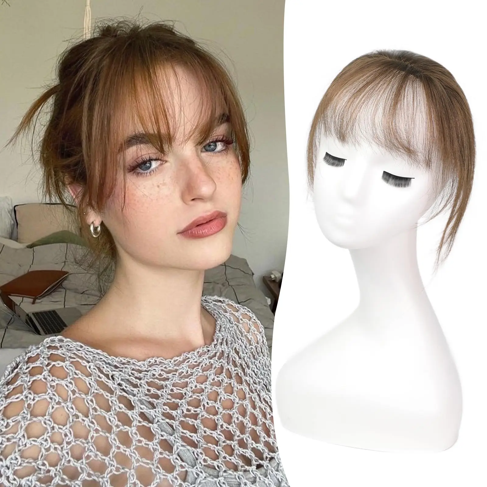Human Hair Bangs Real Human Hair Bangs 3 Secure Clips in Remy Hair Extensions for Woman 360&deg; Full Coverage Natural Air Bangs with Temples