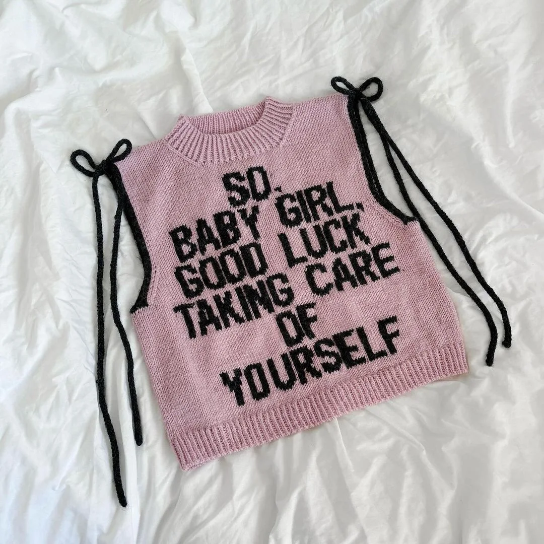 

Y2k Round Neck Sleeveless Letter Jacquard Harajuku Sweater Knitted Sweater Vintage Top Oversize Streetwear High Street Clothes