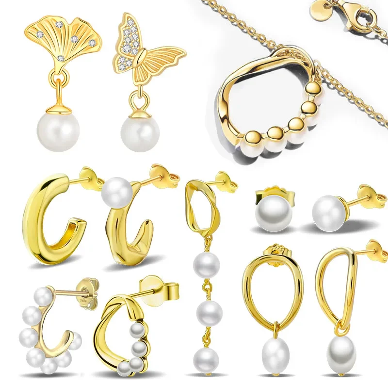 

925 Sterling Silver Pearl Gold Yellow Circular Hoop Earrings Drop Earring Original Charms Diy Fine Jewelry for Women Elegant