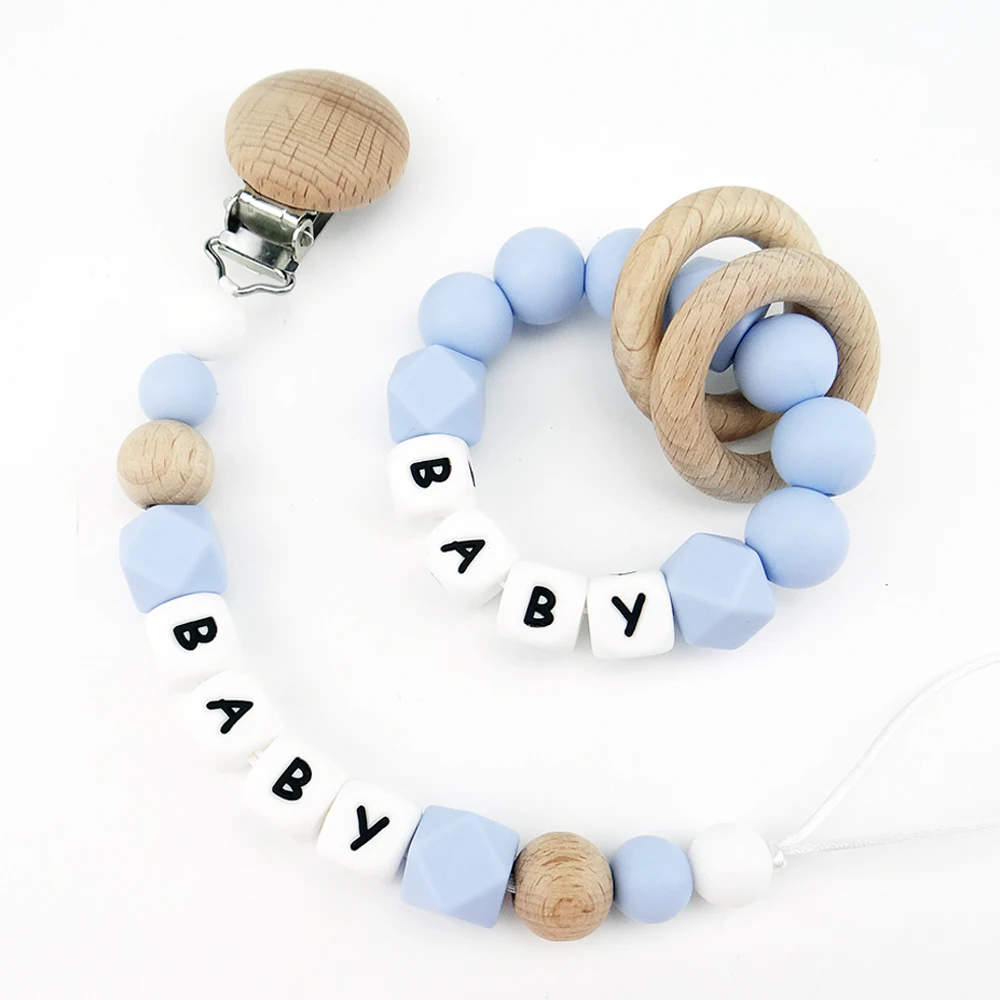 Pacifier Chain Pacifier Clip Pacifier Accessories Teether Clip 2PCS Personalized Name Pacifier Clips Silicone Letter Beads Teething Bracelet Wooden Nipple Holder Dummy Chain Baby Shower Gifts